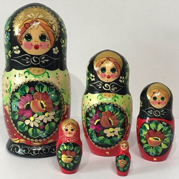 Signed Set of 5 Vintage Nesting Doll Matryoshka Russian Hand Painted Gold Gilt - Picture 3 of 16